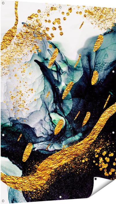 Gards Tuinposter Abstracte Kunst - Zwart Wit met Gouden Strepen - 100x150 cm - Tuindoek - Tuindecoratie - Wanddecoratie buiten - Tuinschilderij