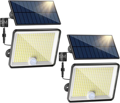 Set van 2 Solar Buitenlampen met Bewegingsmelder en 5m Kabel - 348 LED - IP65 Waterdicht