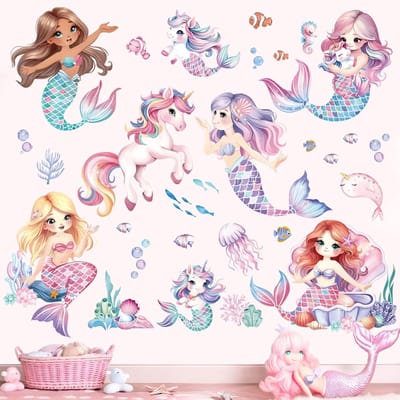 Famanu – Muursticker Eenhoorn Zeemeermin Meisje Muurtattoo Onder de Zee Vis Zeewier Muursticker Meisjeskamer Kinderkamer Babykamer Wanddecoratie