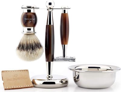 Complete scheerset voor mannen, Luxe scheerset voor heren met dubbelzijdig veiligheidsscheermes, zilveren punt, scheerkwast met borstelharen, standaard, kom en etui, perfecte cadeauset (Gift Shaving Set)
