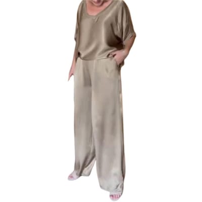 Vrouwen Wijde Broekpak Elegante Satijnen Top Wijde Broekset voor Vrouwen V-hals Blouse met Trekkoord Taille Los voor Dames L gray