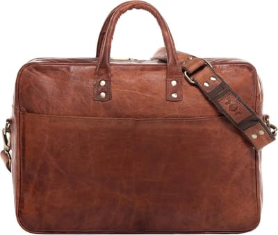 Grote Laptoptas van Echt Leer - 15 Inch Zakelijke Schoudertas met Verstelbare Schouderriem - Handgemaakt in Vintage Lichtbruin
