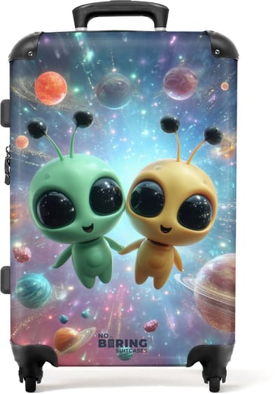 NoBoringSuitcases.com - Grote koffer - Twee aliens in de ruimte - Kinderkoffer geschikt voor jongen en meisjes - Reiskoffer met 4 wielen - Trolley op wieltjes - Rolkoffer groot kinderen - 72 liter - Ruimbagage valies 20kg