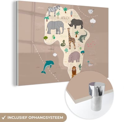 ® Glasschilderij 120x80 cm - Schilderij acrylglas - Wereldkaart - Kinderen - Afrika - Dieren - Kids - Jongens - Meisjes - Foto op glas - Muurdecoratie woonkamer - Wanddecoratie slaapkamer - Schilderijen
