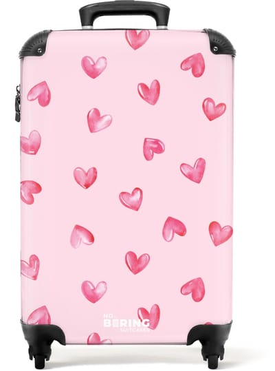 NoBoringSuitcases.com - Koffer - Roze hartjes - Past binnen 55x40x20 cm en 55x35x25 cm - Trolley handbagage - Valiezen met wieltjes volwassenen - Reiskoffer op wielen - Rolkoffer lichtgewicht