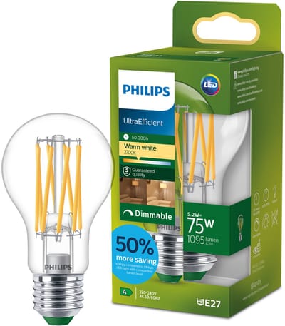 Philips UltraEfficient LED lamp - 75W - E27 fitting - Warmwit licht: 2700K - Dimbaar - Helder glas - A60 lampvorm - Lange levensduur