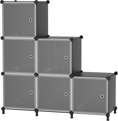 6-kubus opbergunit met deuren, kubusorganizer voor slaapkamer, kledingkast en onder trappen, 30x30x30cm compartimenten, ruimtebesparende kastopslag, zwart ATTSL6001