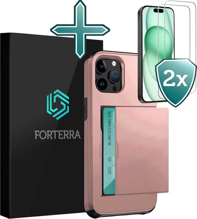 Hoesje Geschikt voor iPhone 15 Pro Pashouder Hard Case Hoes Met 2x Screenprotector - Hoes Geschikt voor iPhone 15 Pro Hoesje Back Cover Met Pasjeshouder - Rosé goud