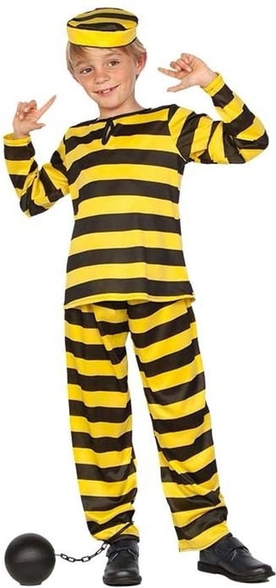 Carnaval verkleedkleding boevenpak - geel/zwart - kinderen - gevangene kostuum -boef - boeven verkleedkleding 110/122