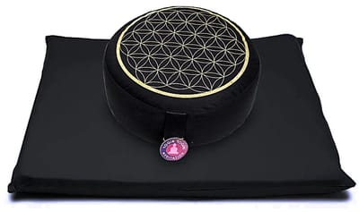 Meditatie set - Kussen zwart/goud levensbloem opdruk + Meditatiemat
