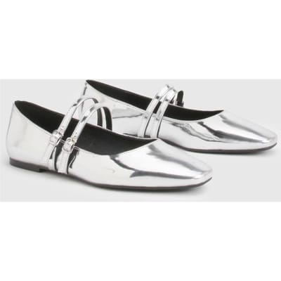 boohoo Dames Brede pasvorm dubbele riem Mary Jane ballerina's | Zilver | Maat: 38