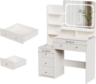 Damenzo - Kaptafel - Kaptafel met spiegel en verlichting - Make up tafel - Make up spiegel - Make up organizer - Dressoirs - Wit