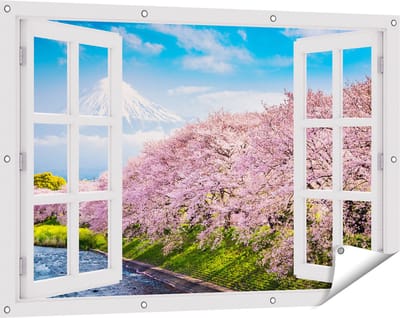 Gards Tuinposter Doorkijk Roze Bloesembomen bij de Fuji Berg - 120x80 cm - Tuindoek - Tuindecoratie - Wanddecoratie buiten - Tuinschilderij
