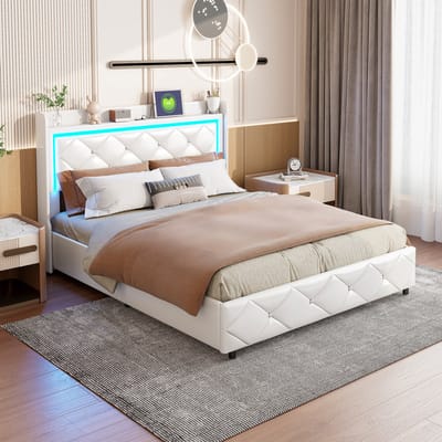 Opbergbed 140x200 Wit – Bed met LED & USB-C – Gestoffeerd Tweepersoonsbed