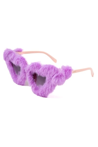 KIMU® Hartjes Bont Zonnebril - Paars Montuur Kunststof - Grijze Glazen - Vogel Teddybeer Roze Lila Zonnebril Bril Vacht Zacht Dons Festival