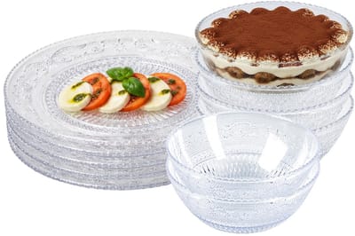 Plasticforte kunststof servies - 6x schaaltjes en 6x borden - kristal stijl - onbreekbaar - transparant