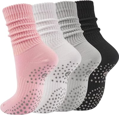 4 paren Yoga Slouch Sokken met Grip, Antislip sokken, antislip sokken pilates, yoga sokken, Grip sokken voor vrouwen en mannen, yoga sokken antislip, voor Workout Ziekenhuis Lange Scrunch Slipper Sokken - Cyslmuk®