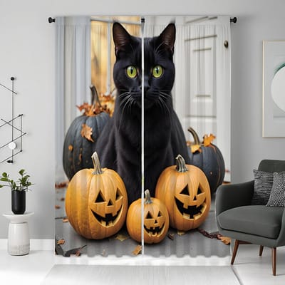 2-delige set HD Halloween Zwarte kat pompoen decoratief gordijn Zwarte stropdas digitaal bedrukt gordijn Woondecoratie stijl Versier l W52H63inchW132H160cm gray
