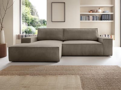 Vente-unique Slaapbank met hoek links van taupegrijs ribfluweel AMELIA