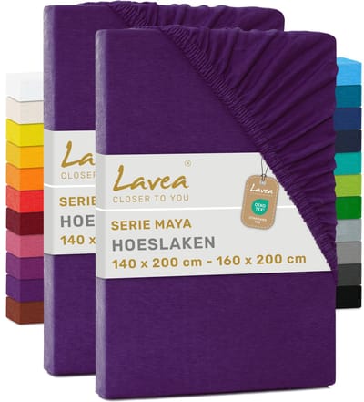 Lavea® Set van 2 Hoeslakens 140x200 cm – 100% Zacht en Ademend Katoen – voor Dikke Matrassen tot 20 cm – Jersey met Elastiek rondom – Donkerpaars