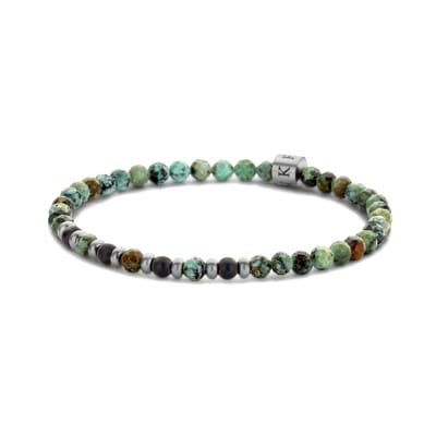 Frank 1967 – Heren Armband – 7FB-0713 Kralen Armband 4mm - Afrikaanse Amazoniet - Zwart Agaat - 18cm - Rekbaar - Zilverkleurig