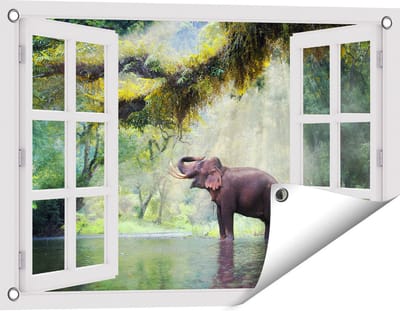 Gards Tuinposter Doorkijk Vrolijke Olifant in het Water - 60x40 cm - Tuindoek - Tuindecoratie - Wanddecoratie buiten - Tuinschilderij