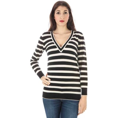 Gestreepte V-hals Merino Wol Trui