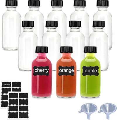 Famanu - 12 Stuks Glazen shotflessen 120 ml met deksel, trechter en labels, geschikt voor sap, olie en gembershots – Transparant
