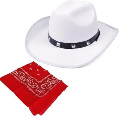 Cowboys verkleed set - Cowboyhoed wit - met rode western zakdoek - volwassenen - carnaval - western