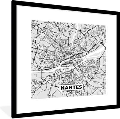Fotolijst incl. Poster - Kaart - Stadskaart - Nantes - Plattegrond - Frankrijk - 40x40 cm - Posterlijst