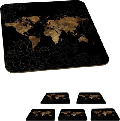 Onderzetters voor glazen - Wereldkaart - Lijn - Bruin - 10x10 cm - Glasonderzetters - 6 stuks