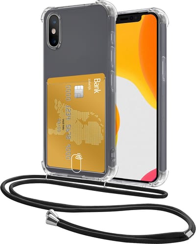 Hoes Geschikt voor Apple iPhone Xs Max Hoesje Pasjeshouder Cover Met Koord Shock Proof Case Siliconen Hoes Met Telefoonkoord en Kaarthouder - Transparant