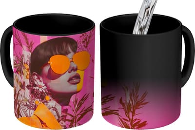 Magische Mok - Foto op Warmte Mokken - Koffiemok - Zonnebril - Oranje - Vrouw - Planten - Magic Mok - Beker - 350 ML - Theemok