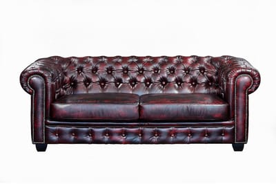 Vente-unique Driezitsbank en fauteuil Chesterfield BRENTON 100% buffelleer - cherry