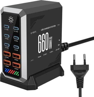 660 W USB C oplader, meerdere USB, PD140w, 100W, 65W, 10 poorten, snellader, Gan Power laadstation met 6 USB C + 4 USB-A-poorten voor MacBook Air, iPad, iPhone 16 15Pro 14 13 12, Galaxy S22 S20