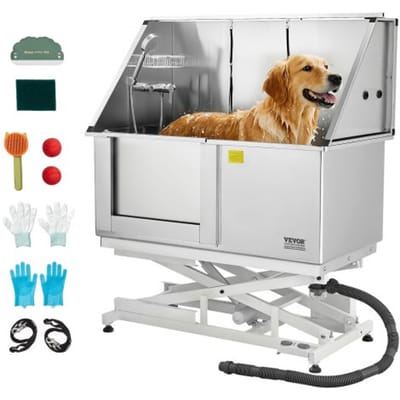 VEVOR elektrische hondenwasplaats met heffunctie, 127 cm hondenbad met PE-waterfilterplaat, kraan en douchekop, hondenbad, multifunctionele wasbak (deur links)