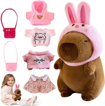 Zachte Capybara Pluche Speelgoedset met 11 Stukken, Inclusief Kleding en Accessoires voor Kinderen, Perfecte Decoratie voor Jongens en Meisjes