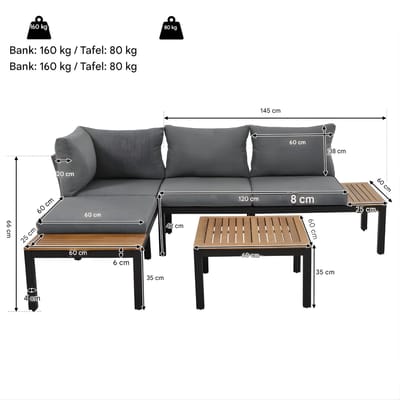Tuinset loungeset – Voor tuin & terras – 2 dubbele zitplaatsen, 2 bijzettafels & 1 tafel, massief acaciatafelblad – Kleur 1