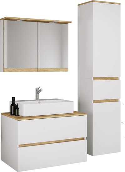 VCM 4-tlg. Waschtisch Set mit Keramikbecken, Badschrank mit 2 Softclose-Schubladen, Hochschrank, Spiegelschrank mit Beleuchtung und Steckdose, Maße Unterschrank H. 51 x B. 80 x T. 51 cm, Cosila-A