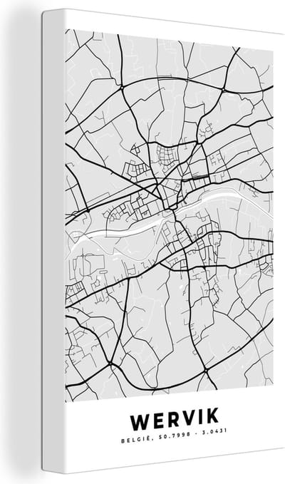 Canvas Schilderij België – Wervik – Stadskaart – Kaart – Zwart Wit – Plattegrond - 20x30 cm - Wanddecoratie