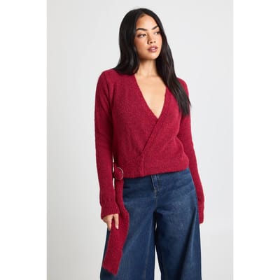 boohoo Dames Zachte gebreide wikkel-detail met metalen afwerking cardigan | Burgundy | Maat: Small