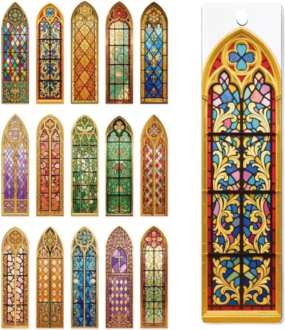 30 Stuks UV DTF Boekenleggers Wraps Transfer Stickers Barokke Kerk Glas-in-lood voor Lezen, Waterdichte Boekenleggers Stickers voor Acryl en Plastic