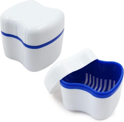 2 stuks Denture Box Third Teeth Storage Box - Tooth Organizer PE Plastic Box, Orthodontic Cup with Hanging Filter Basket, Mouth Guard Cleaning Double Layer Case (White/Blue)