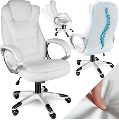 tectake® Bureaustoel - Luxe directiestoel - Draaistoel met wielen - In hoogte verstelbaar - Ergonomische computerstoel van kunstleer - Inclusief armleuningen en kantelmechanisme - Vulling 12 cm - Zithoogte 47-55 cm - Wit