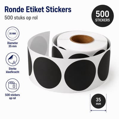 500 Etiketten Rond Zwart Stickers 35 mm op Rol - Label Blanco Stickers Gekleurd - Sluitzegel - Verhuizen - Dappaz