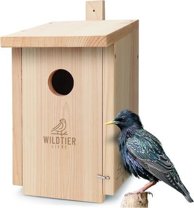 Wildtier Liebe - Houten nestkast voor de spreeuw en specht | 45mm invliegopening | 100% van FSC-gecertificeerd hout | 23,5 x 17,5 x 33 cm (L x B x H)