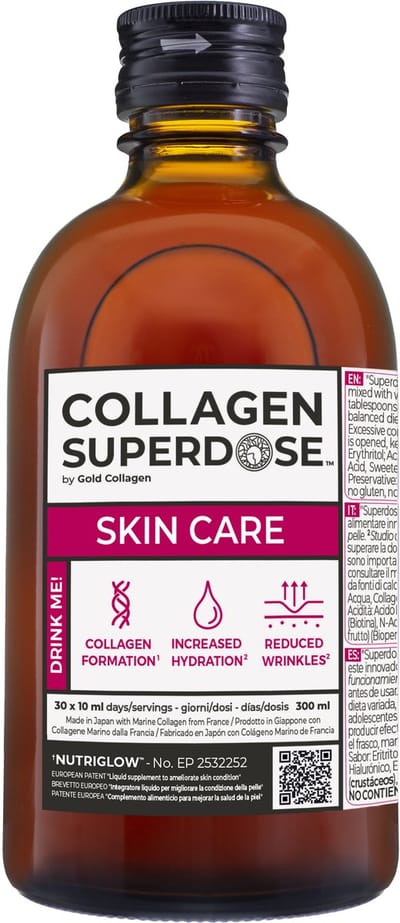 SUPERDOSE SKIN (300ml) - Vloeibaar gehydrolyseerd marien collageen - Hydratatie - Elasticiteit - Vermindert fijne lijntjes en rimpels – Snelle opname en werking - Doe de test en ontdek het resultaat vs poeders