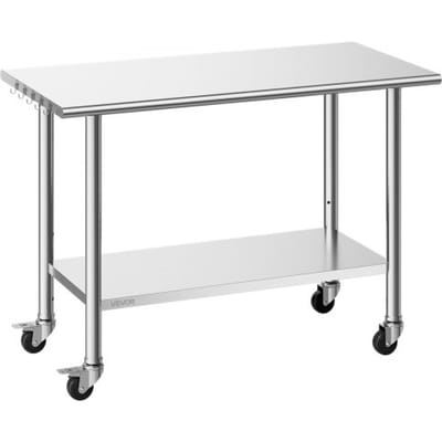 VEVOR roestvrijstalen tafel voor de horeca, 1220 x 610 x 864 mm, verstelbare roestvrijstalen tafel met wielen, commerciële werktafel met onderblad voor restaurants, zwaar uitgevoerd, bovenblad (245 kg), onderblad (204 kg)
