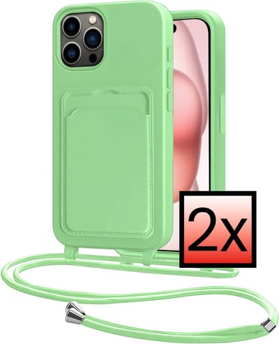 Hoes Geschikt voor iPhone 14 Pro Max Hoesje Pasjeshouder Cover Met Koord Case Siliconen Hoes Met Telefoonkoord en Kaarthouder - Groen - 2 PACK