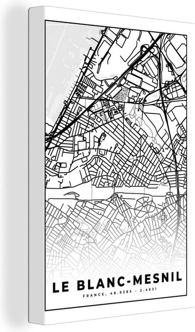 Canvas Schilderij Plattegrond - Kaart - Frankrijk - Stadskaart - Le Blanc-Mesnil - Zwart wit - 20x30 cm - Wanddecoratie